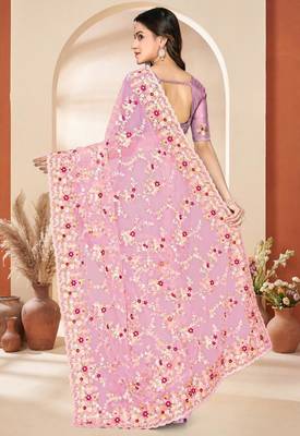 Dusty pink color net resham embroidered & zircon work saree 3