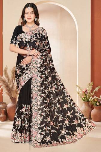 Black color net resham embroidered & zircon work saree