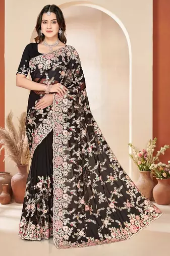 Black color net resham embroidered & zircon work saree