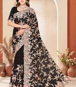 Black color net resham embroidered & zircon work saree