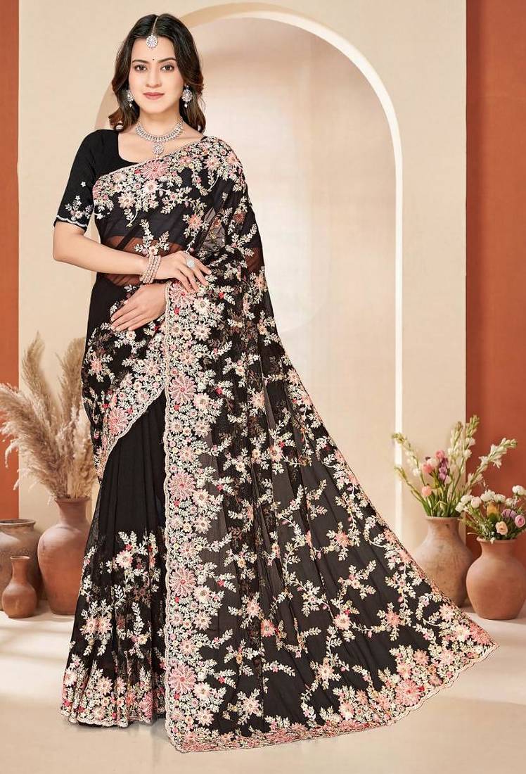 Black color net resham embroidered & zircon work saree