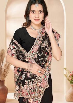 Black net resham embroidered & zircon work saree 2
