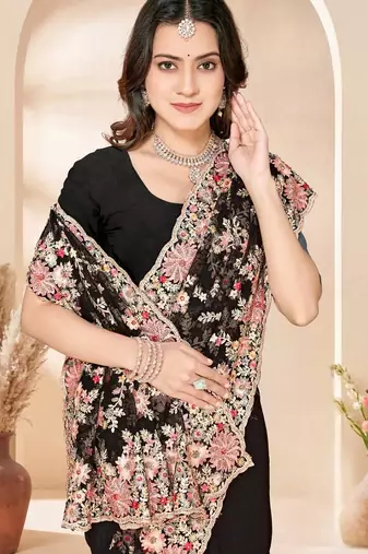 Black color net resham embroidered & zircon work saree