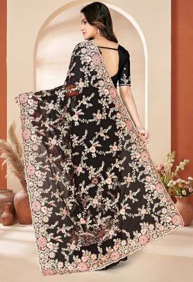 Black net resham embroidered & zircon work saree 3