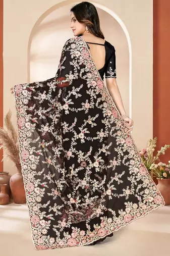 Black color net resham embroidered & zircon work saree