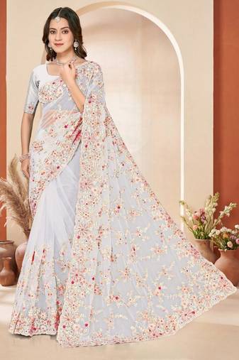 White color net resham embroidered & zircon work saree