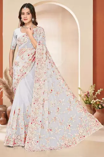 White color net resham embroidered & zircon work saree