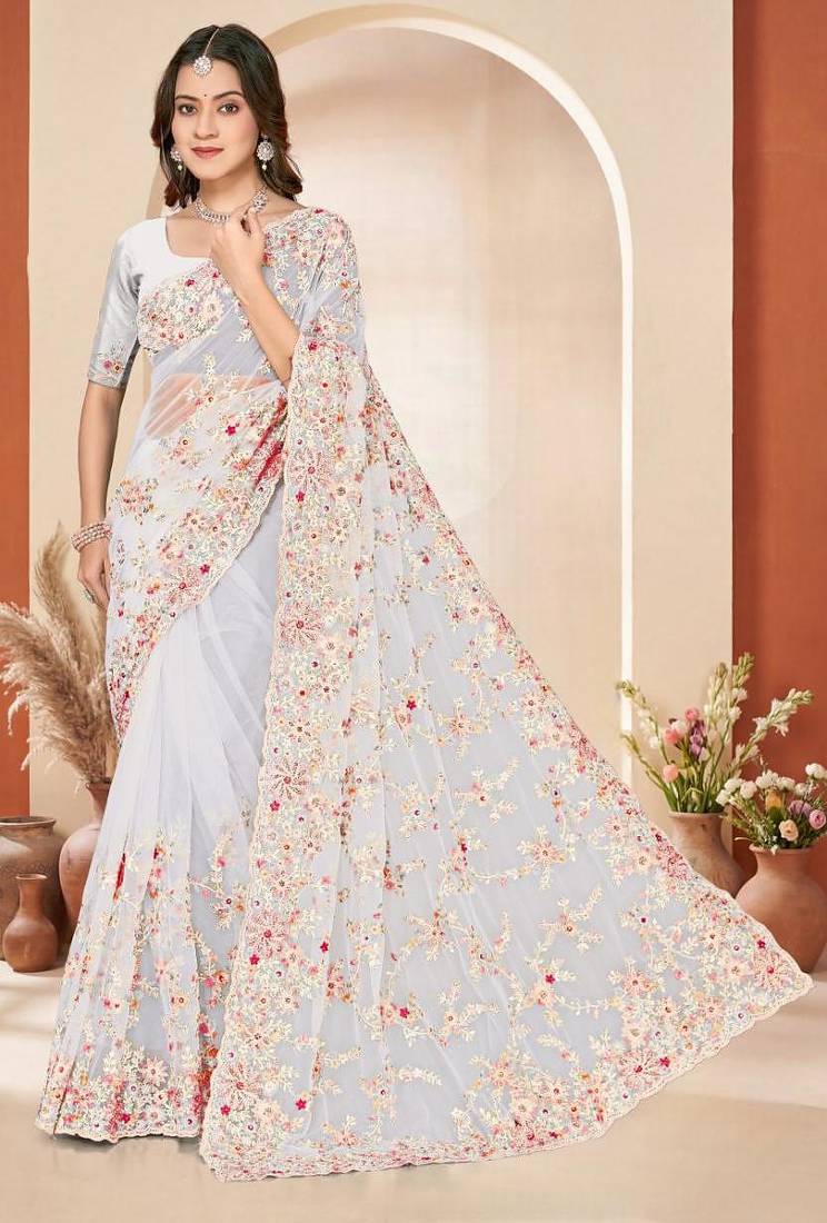 White color net resham embroidered & zircon work saree