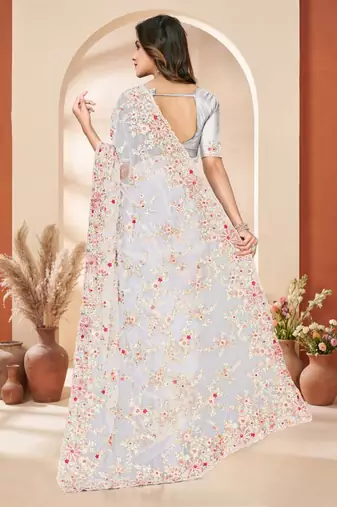 White color net resham embroidered & zircon work saree