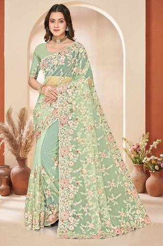 C green color net resham embroidered & zircon work saree