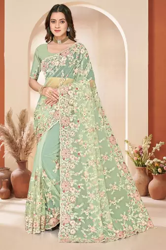 C green color net resham embroidered & zircon work saree