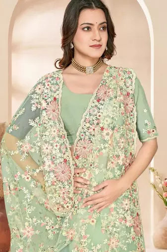 C green color net resham embroidered & zircon work saree