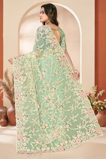 C green color net resham embroidered & zircon work saree