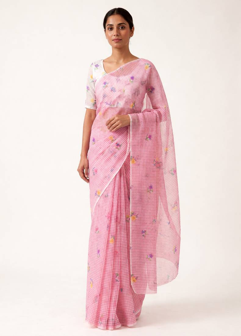 Pink woven linen saree with blouse piece