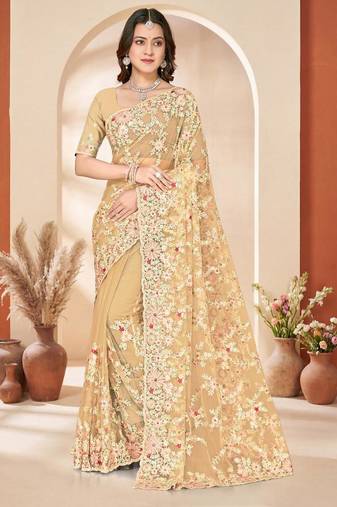 Lemon yellow color net resham embroidered & zircon work saree