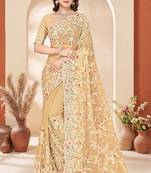 Lemon yellow color net resham embroidered & zircon work saree