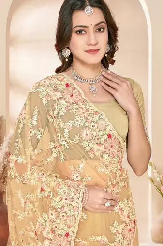 Lemon yellow color net resham embroidered & zircon work saree
