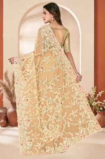 Lemon yellow color net resham embroidered & zircon work saree
