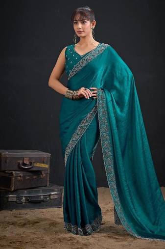 Rama color fendi satin silk two tone zircon work saree