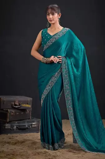 Rama color fendi satin silk two tone zircon work saree
