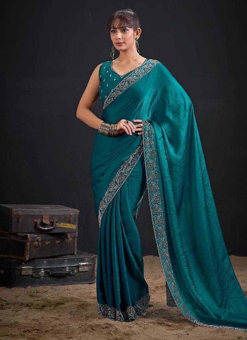 Rama color fendi satin silk two tone zircon work saree