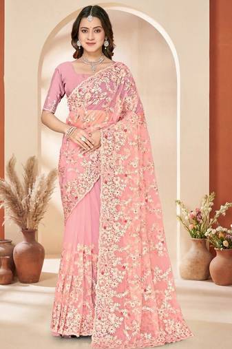 Dusty peach color net resham embroidered & zircon work saree