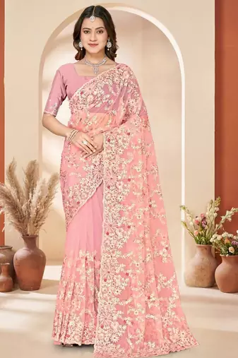Dusty peach color net resham embroidered & zircon work saree