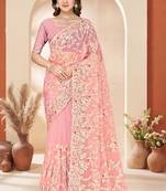 Dusty peach color net resham embroidered & zircon work saree
