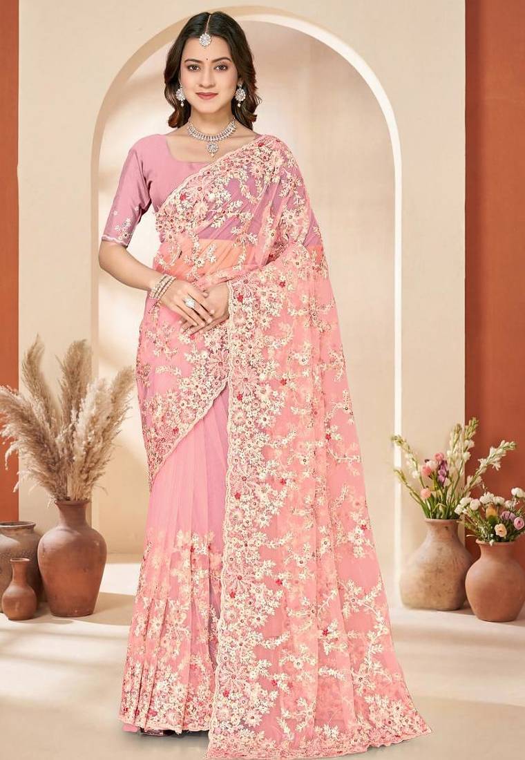 Dusty peach color net resham embroidered & zircon work saree