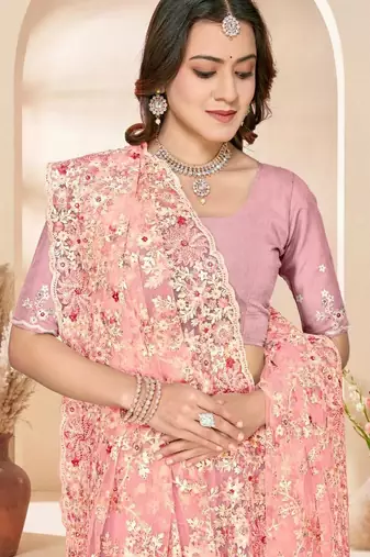 Dusty peach color net resham embroidered & zircon work saree