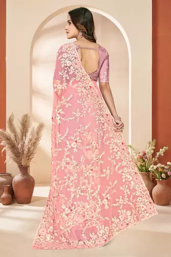 Dusty peach color net resham embroidered & zircon work saree