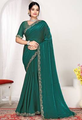 Rama color fendi satin silk blend two tone zircon work saree 1