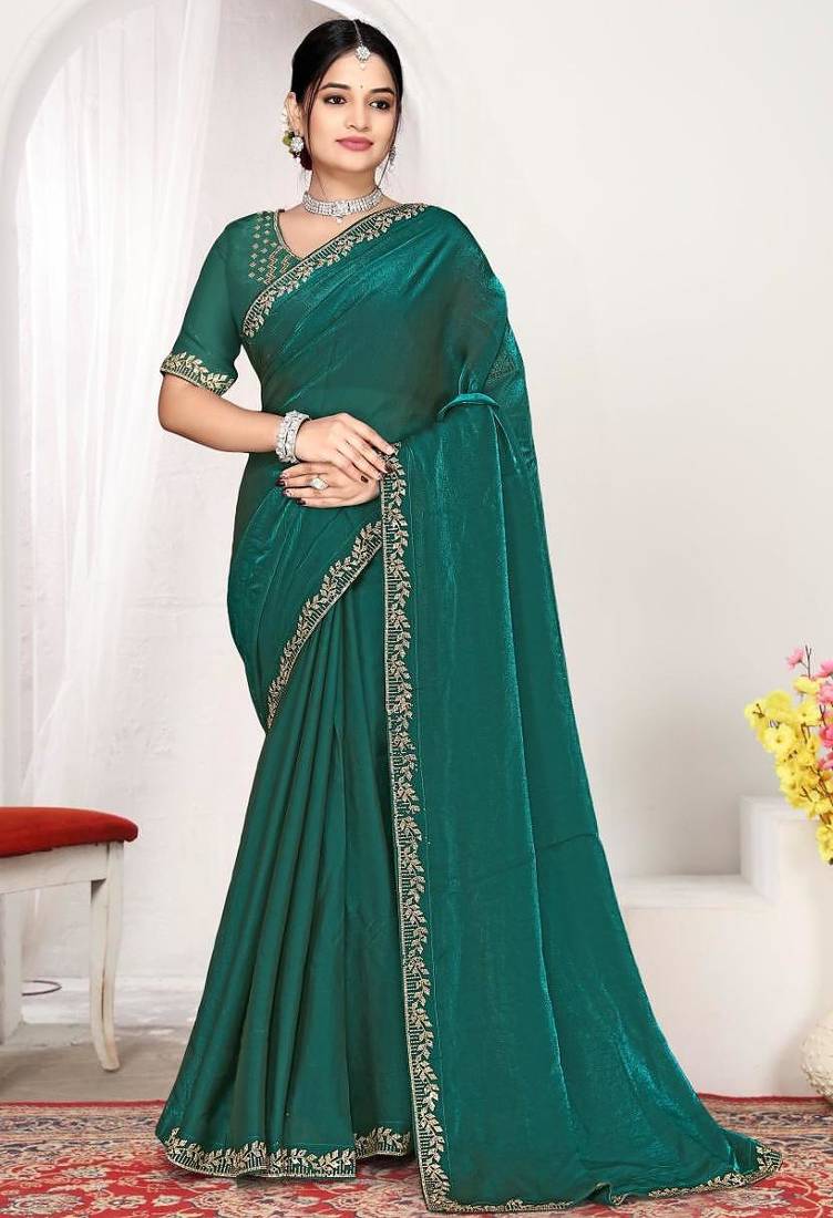 Rama color fendi satin silk two tone zircon work saree