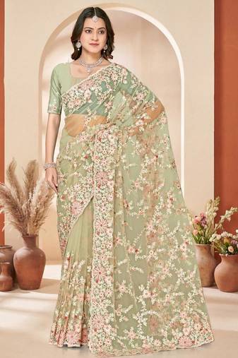 Dusty pista color net resham embroidered & zircon work saree