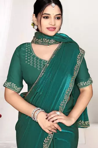 Rama color fendi satin silk blend two tone zircon work saree