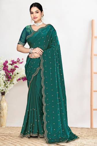 Rama color fendi satin silk two tone zircon work saree