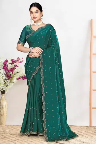 Rama color fendi satin silk two tone zircon work saree