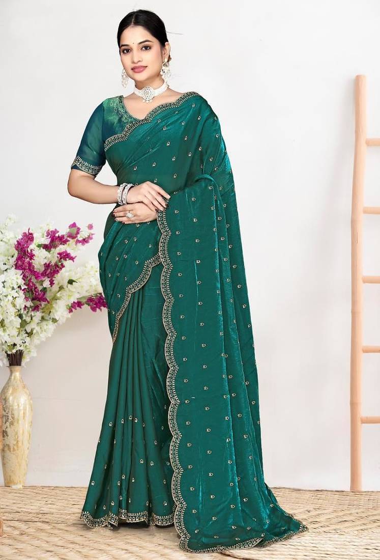 Rama color fendi satin silk two tone zircon work saree