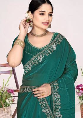 Rama color fendi satin silk blend two tone zircon work saree 2
