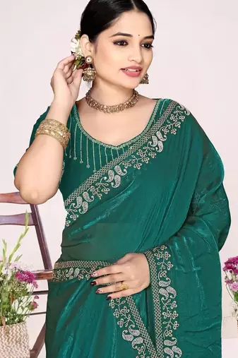 Rama color fendi satin silk blend two tone zircon work saree