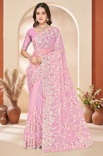 Dusty pink color net resham embroidered & zircon work saree