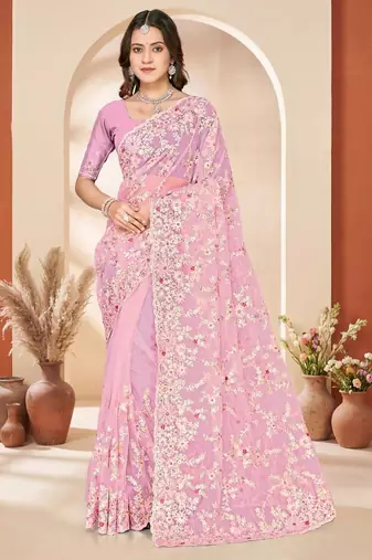 Dusty pink color net resham embroidered & zircon work saree