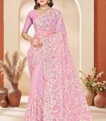 Dusty pink color net resham embroidered & zircon work saree