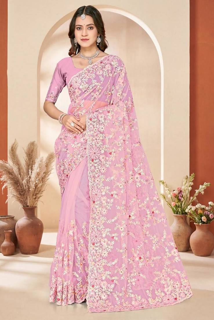 Dusty pink color net resham embroidered & zircon work saree