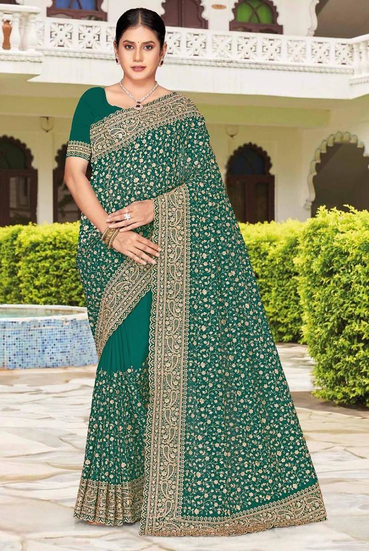 Rama color georgette zari embroidered & zircon work saree