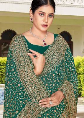 Rama color georgette zari embroidered & zircon work saree 2