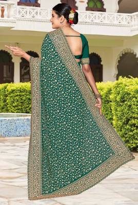 Rama color georgette zari embroidered & zircon work saree 3