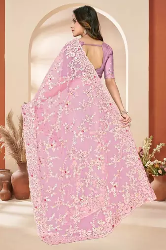 Dusty pink color net resham embroidered & zircon work saree