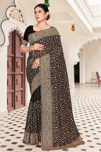 Black color georgette zari embroidered & zircon work saree