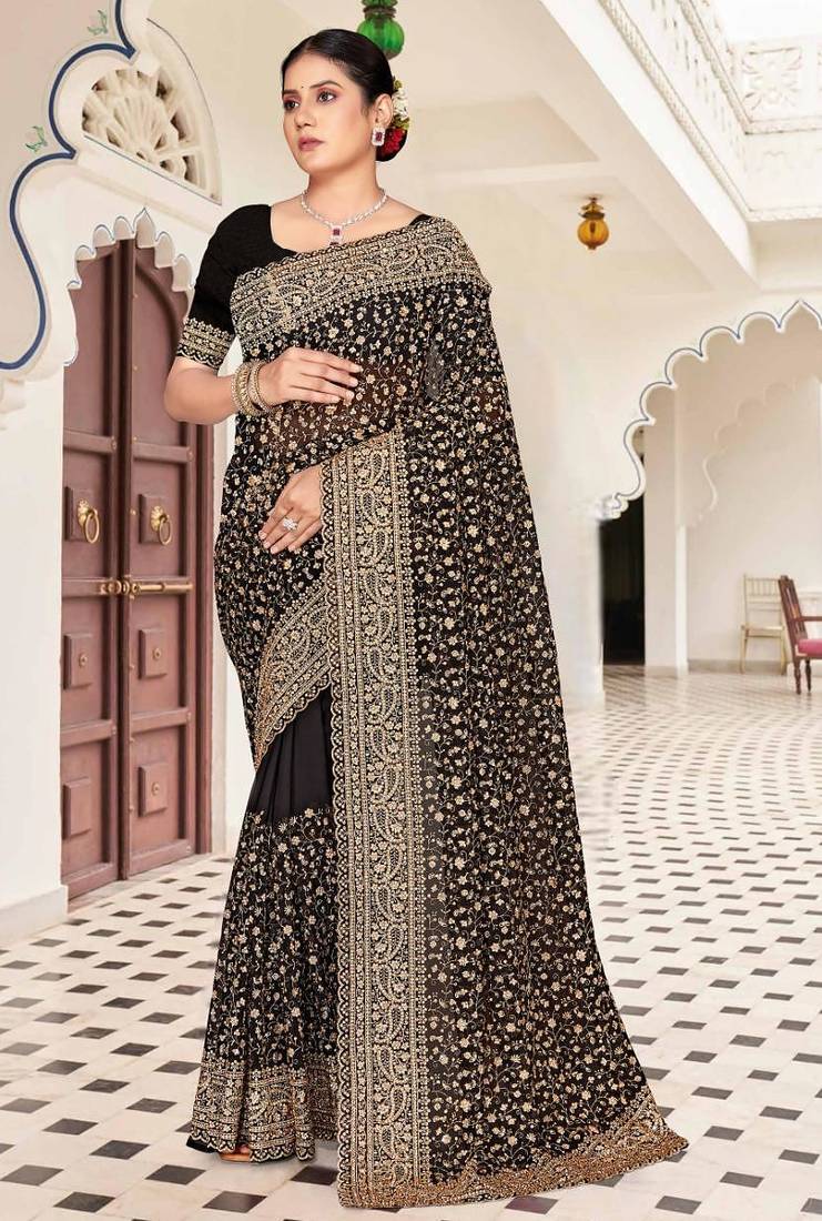 Black color georgette zari embroidered & zircon work saree